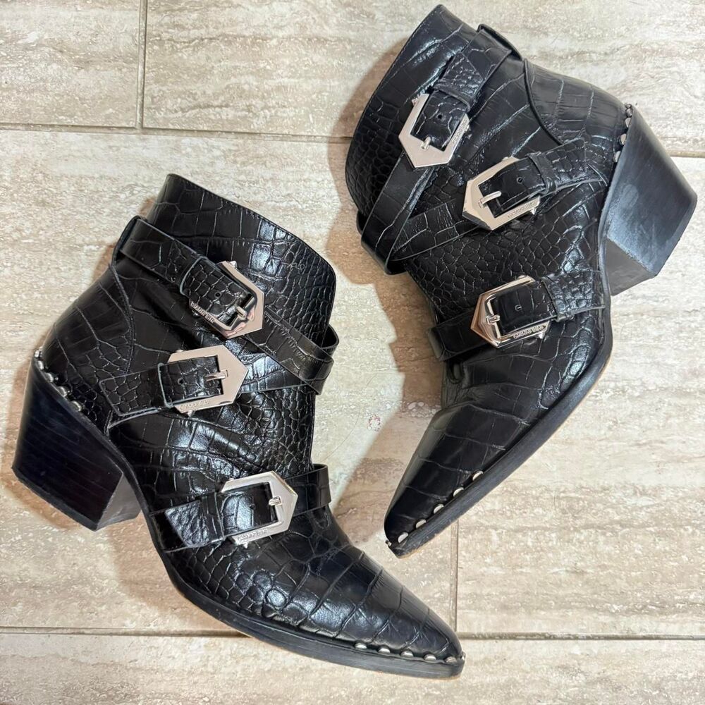 Gianni Binni Black Leather Buckle Studded Pointed Toe Western Goth Booties Sz 9